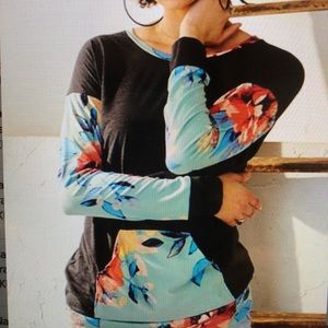 Gray & Floral Long Sleeved Top with Front Pocket